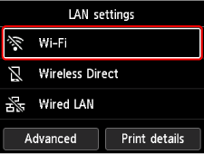 LAN settings screen: Select Wi-Fi